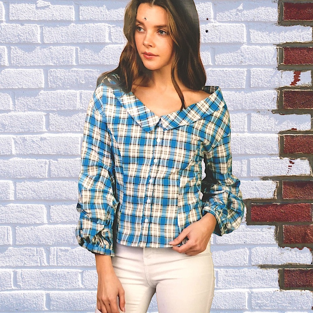 shoulder fall plaid blouse